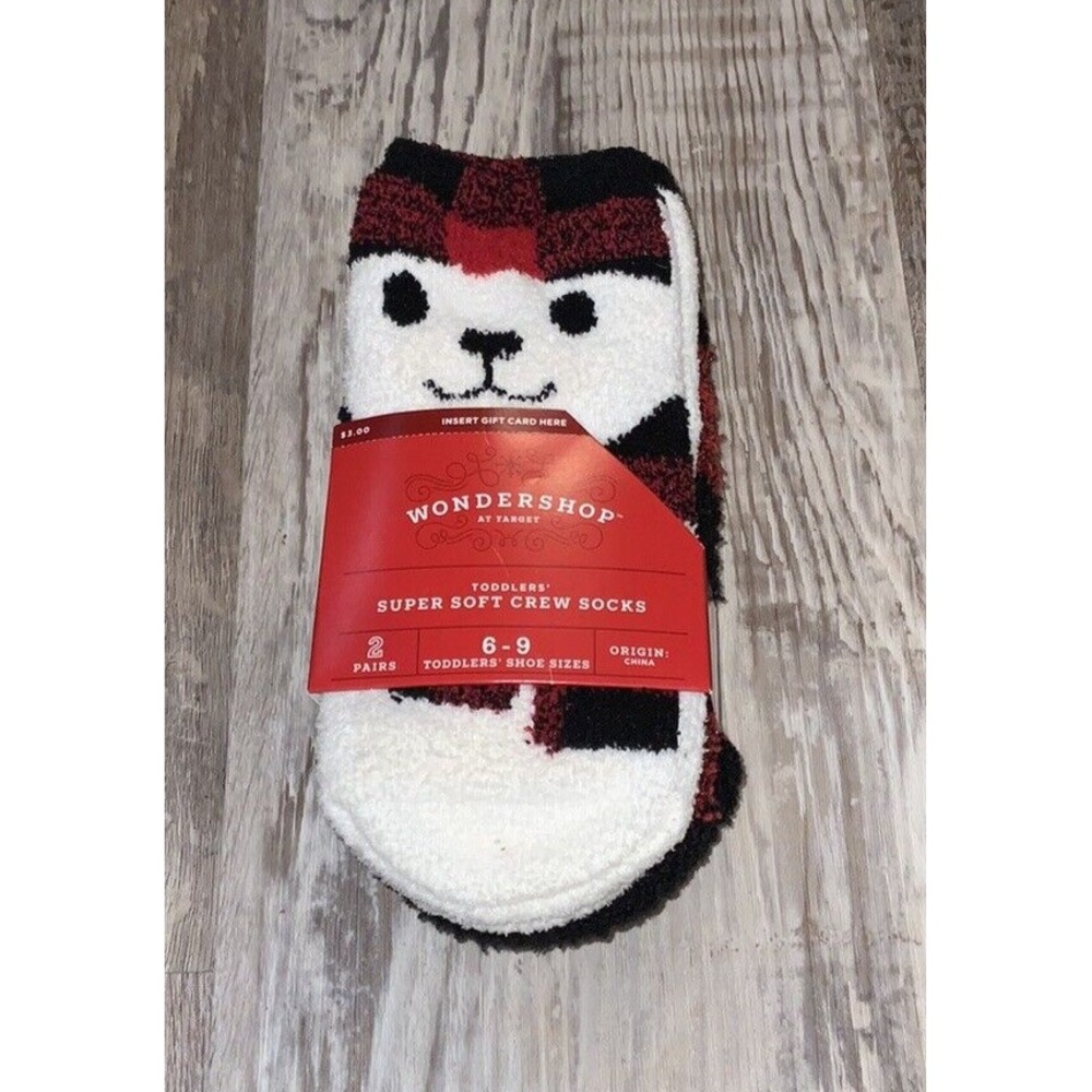 Wondershop 2-Pack Toddler Buffalo Checkered Cozy Bear Crew Socks‎ Size 6-9